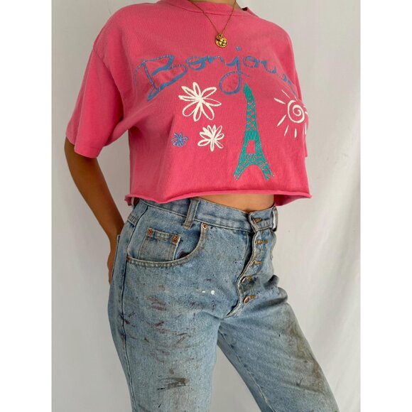 90s vintage pink bonjour paris travel souvenir cotton cropped tee shirt crop top - Picture 6 of 9